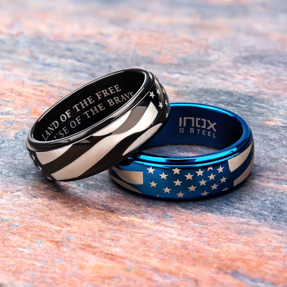 Steel & Blue IP Spinner American Flag Pride Rings