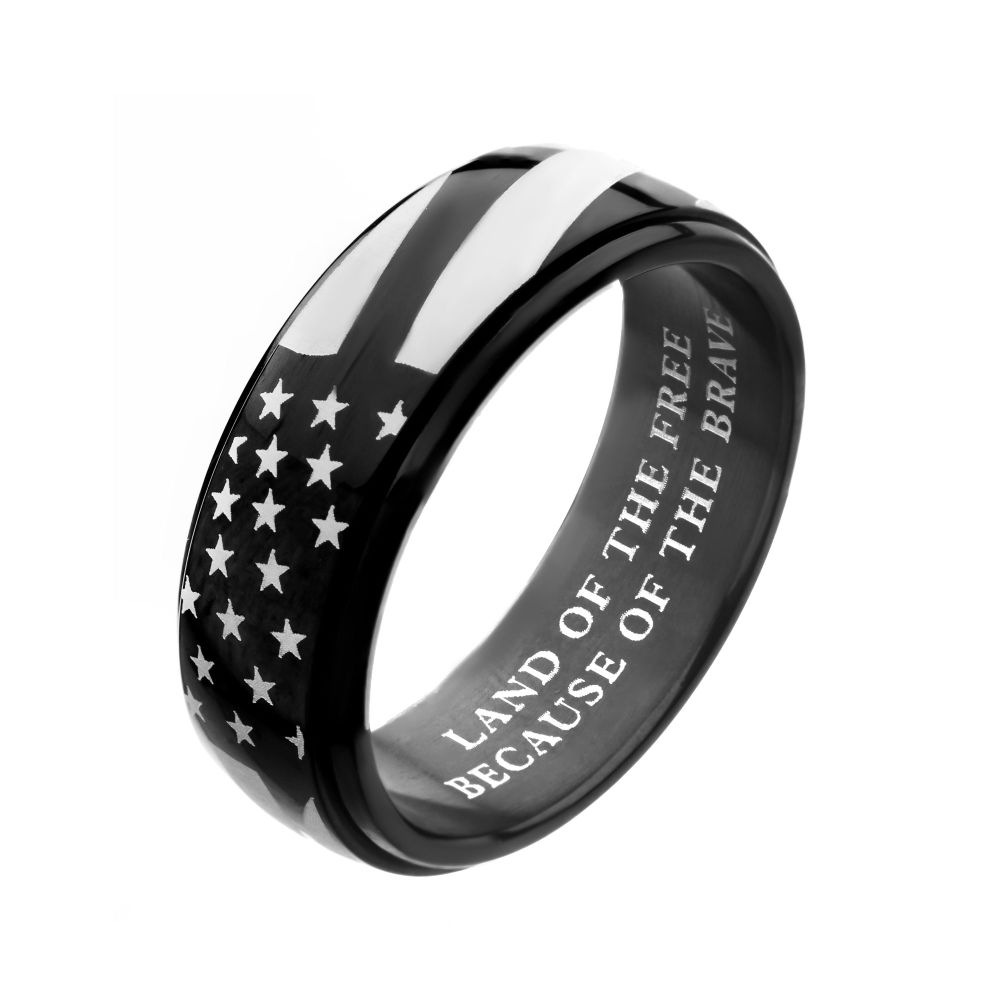 Black IP Steel American Flag Spinner Ring