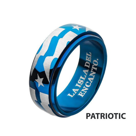 Stainless Steel & Blue IP Puerto Rico Flag Spinner Ring