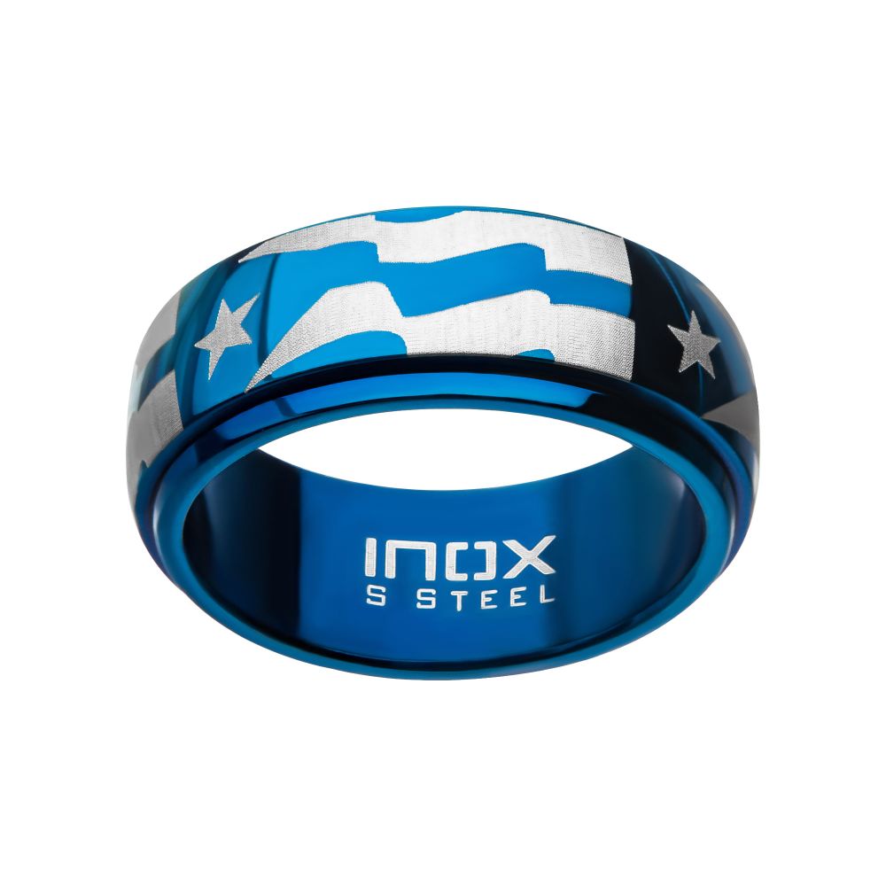 Stainless Steel & Blue IP Puerto Rico Flag Spinner Ring