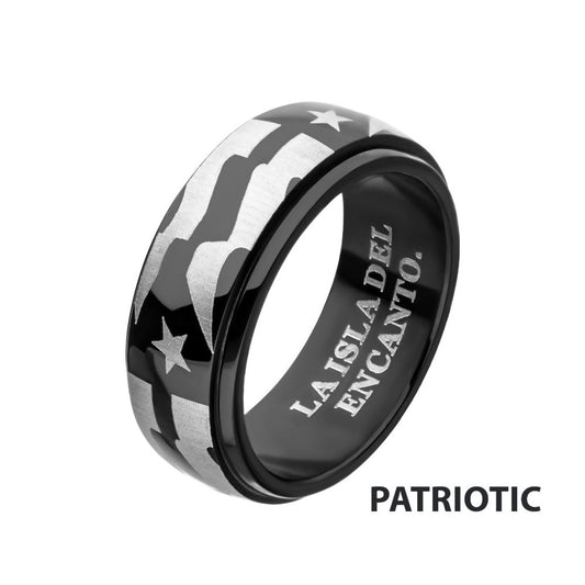 Stainless Steel & Black IP Puerto Rico Flag Spinner Ring