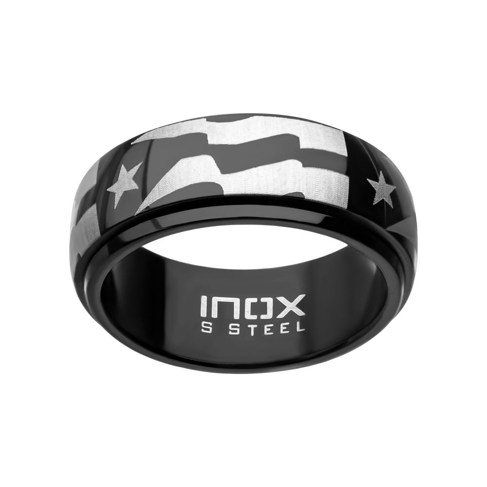 Stainless Steel & Black IP Puerto Rico Flag Spinner Ring