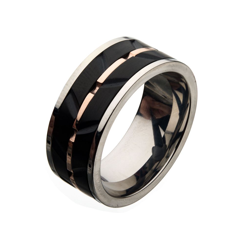 Stainless Steel, Rose Gold IP & Black IP Raised Wave Ring