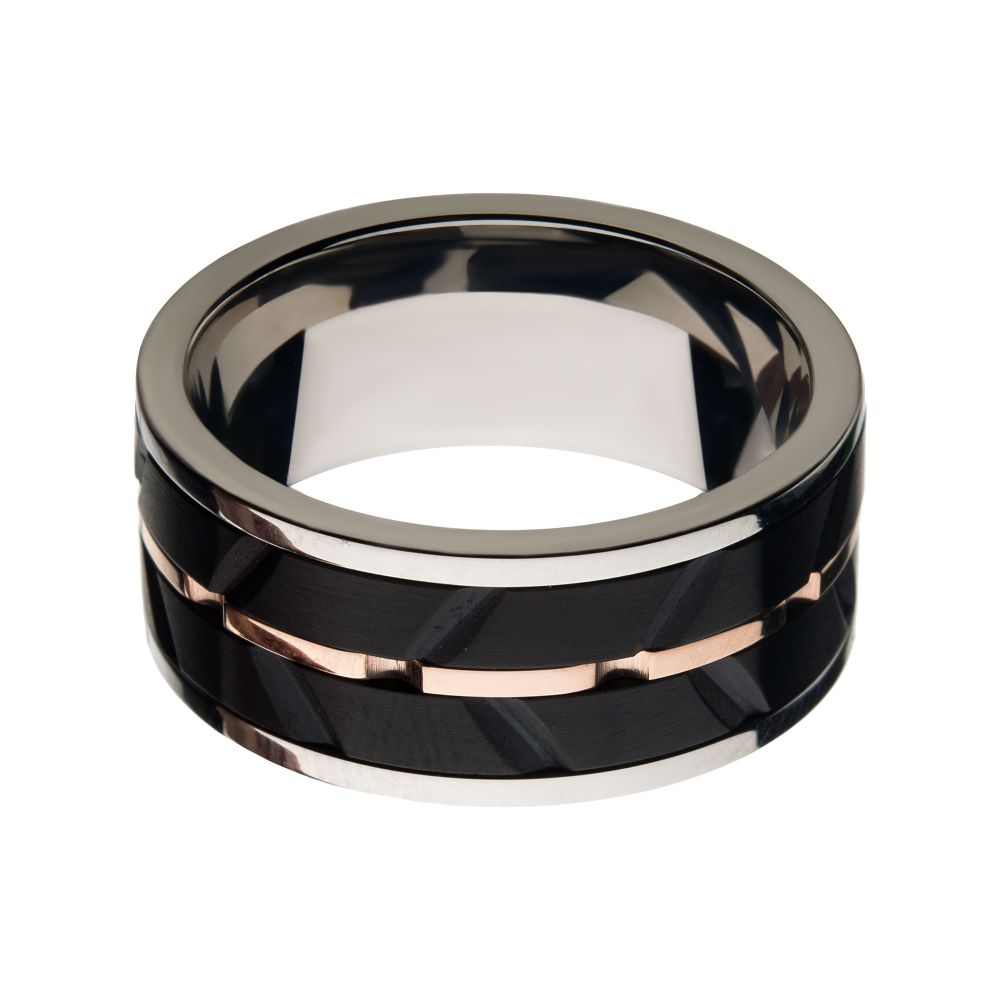 Stainless Steel, Rose Gold IP & Black IP Raised Wave Ring