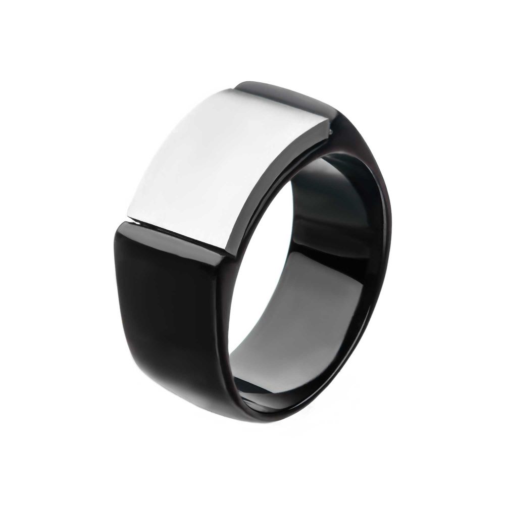 Two Tone Stainless Steel, Black IP Engraveable Signet Ring