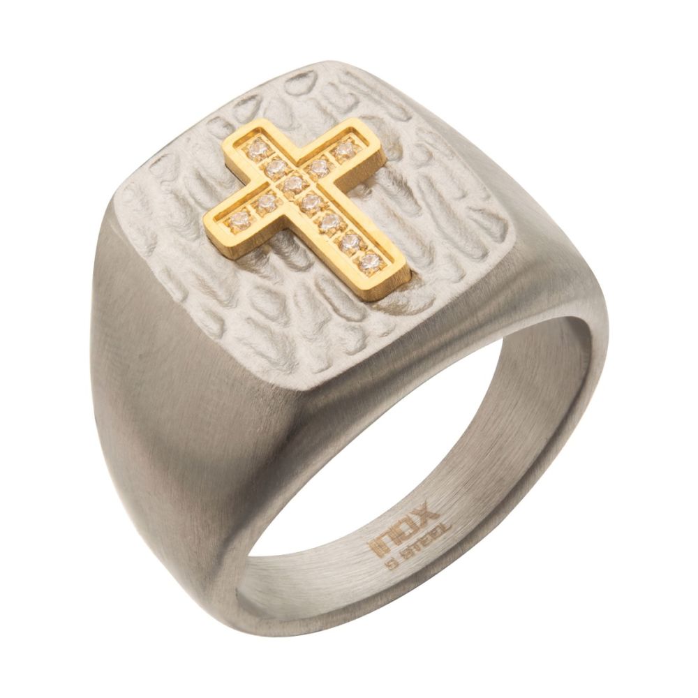 Gold IP Cross with Clear CZs on Steel Hammered Signet Rings Sale