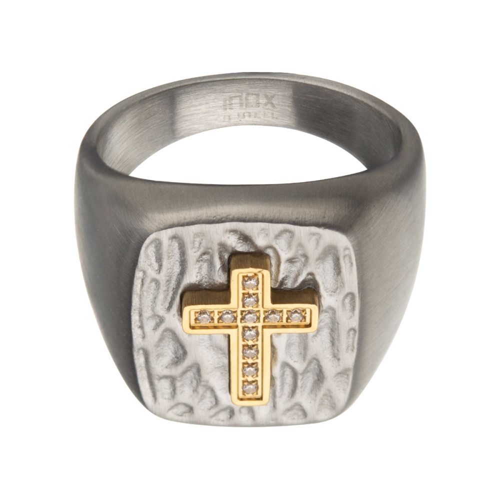 Gold IP Cross with Clear CZs on Steel Hammered Signet Rings Sale