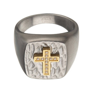 Gold IP Cross with Clear CZs on Steel Hammered Signet Rings