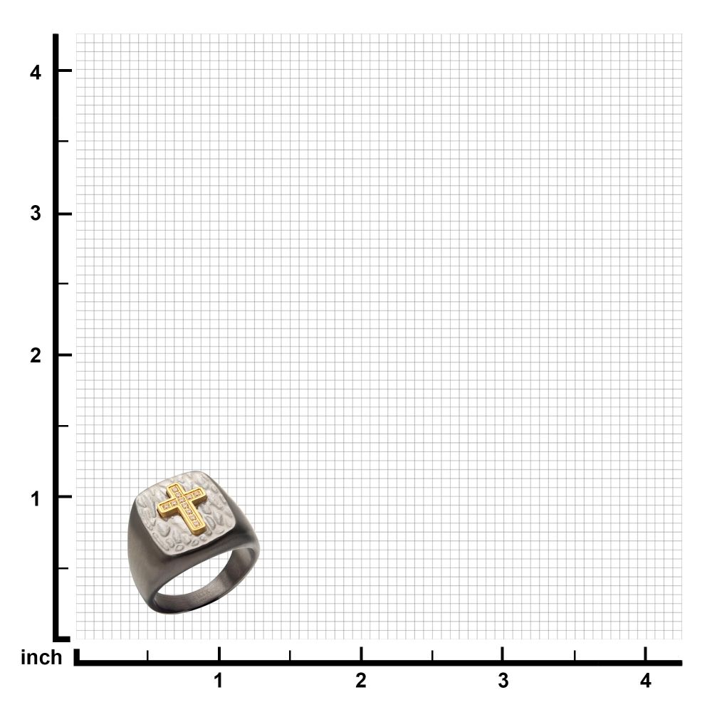 Gold IP Cross with Clear CZs on Steel Hammered Signet Rings Sale