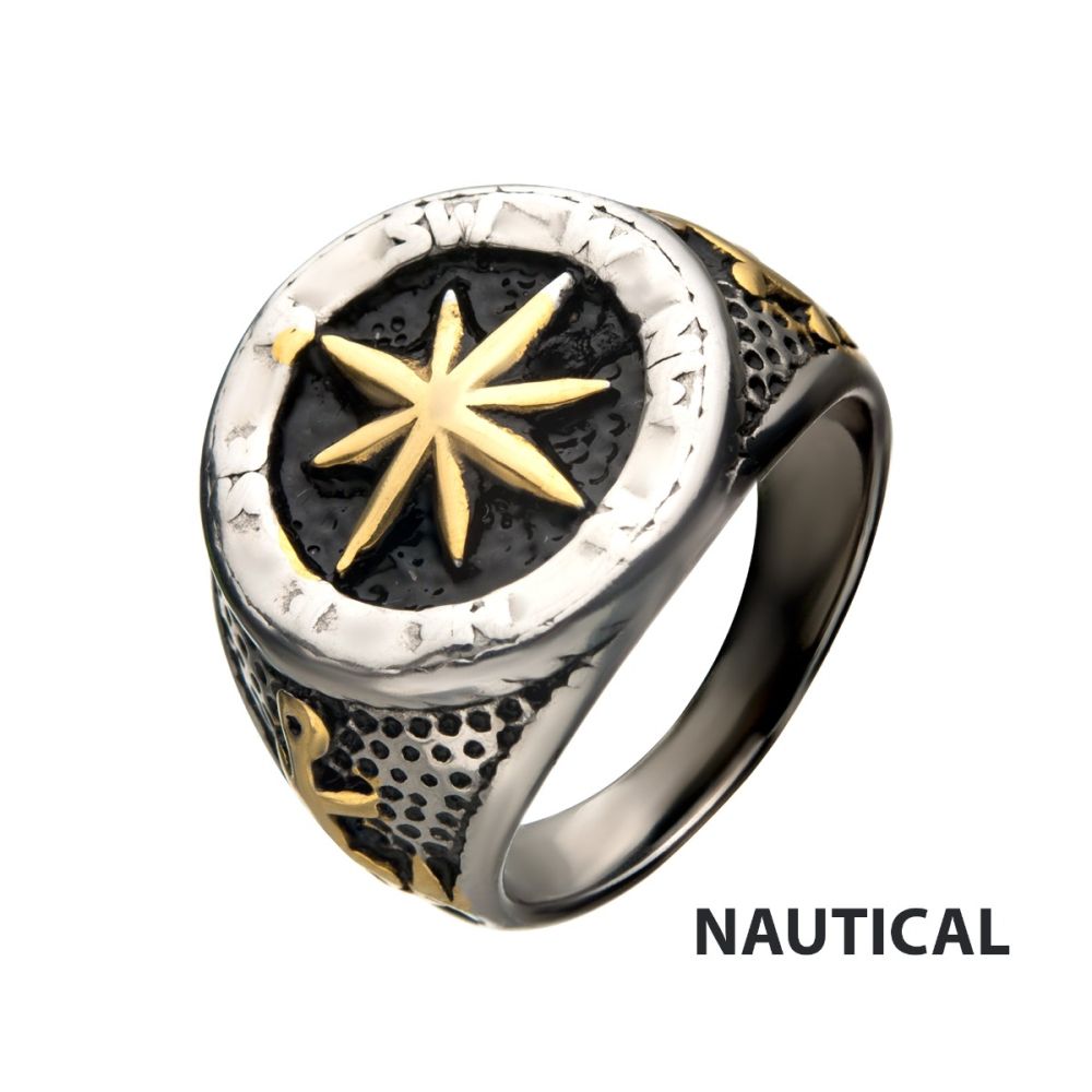 Stainless Steel Gold IP & Black Oxidized Vintage Anchor & Compass Signet Ring Sale