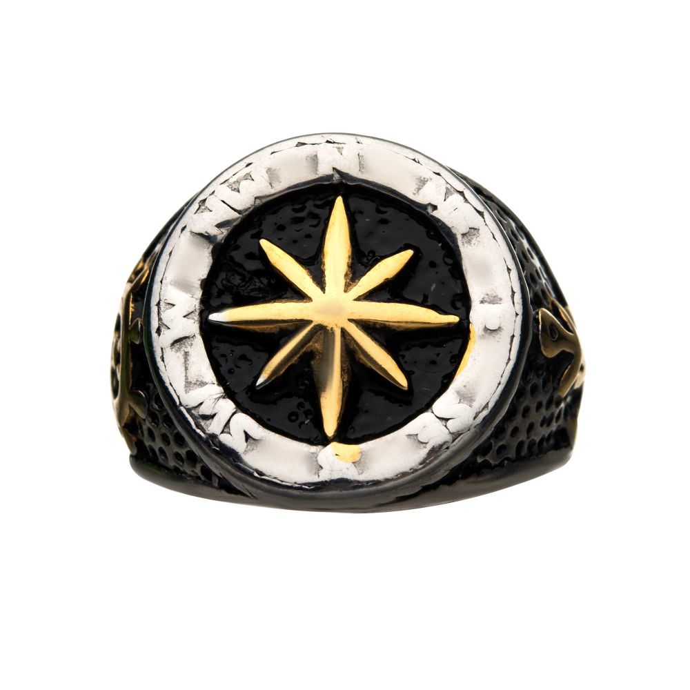 Stainless Steel Gold IP & Black Oxidized Vintage Anchor & Compass Signet Ring Sale