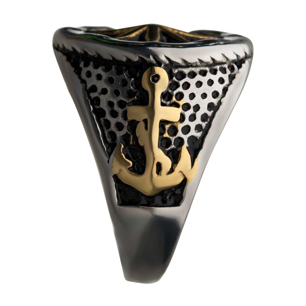 Stainless Steel Gold IP & Black Oxidized Vintage Anchor & Compass Signet Ring Sale