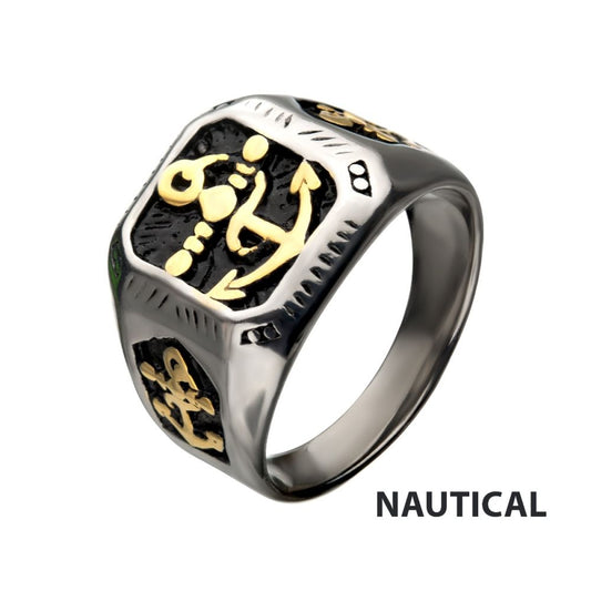 Stainless Steel Black Oxidized & Gold IP with Vintage Anchor Signet Rings Sale