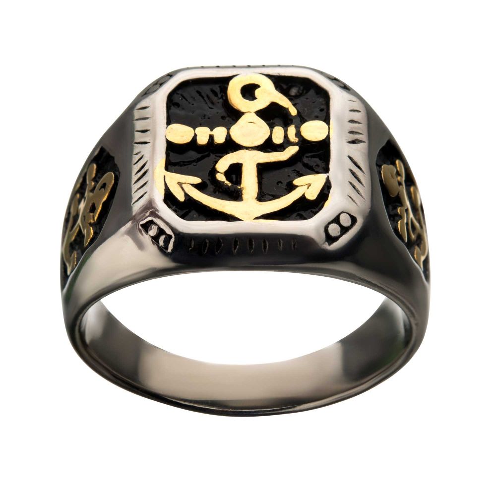 Stainless Steel Black Oxidized & Gold IP with Vintage Anchor Signet Rings Sale