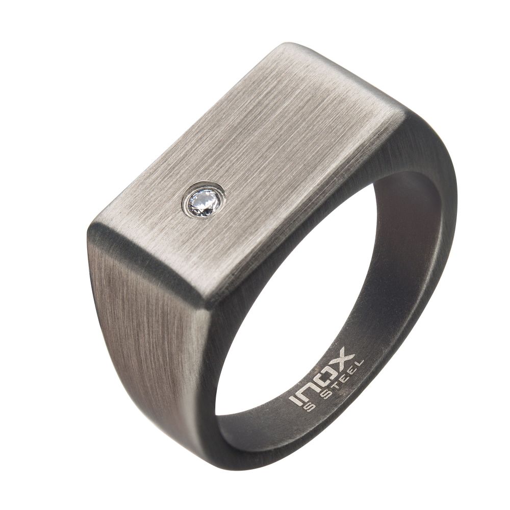 Steel & Gun Metal IP with 2mm Clear CZ Signet Ring