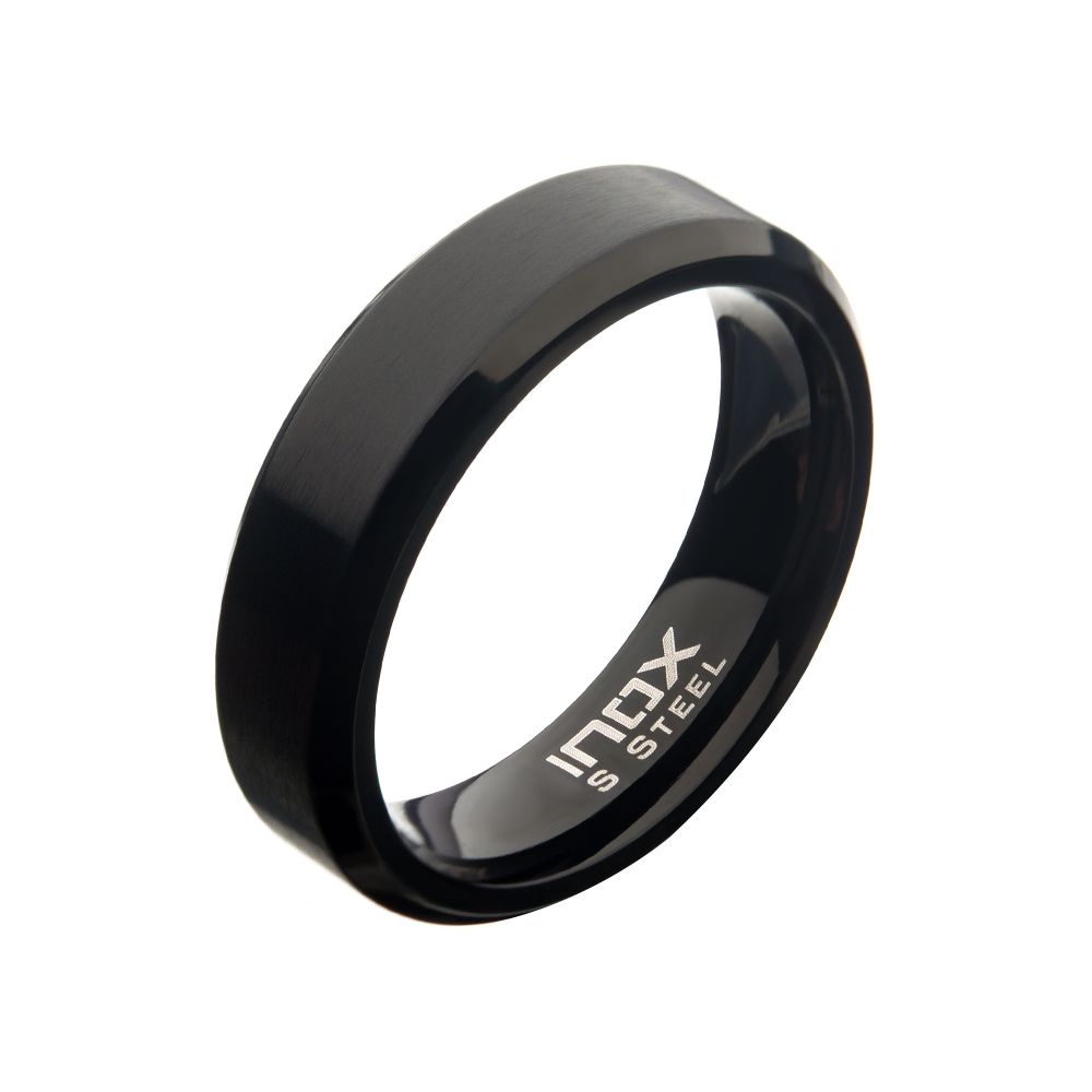 6mm Matte Stainless & Black IP Beveled Wedding Band Ring Sale