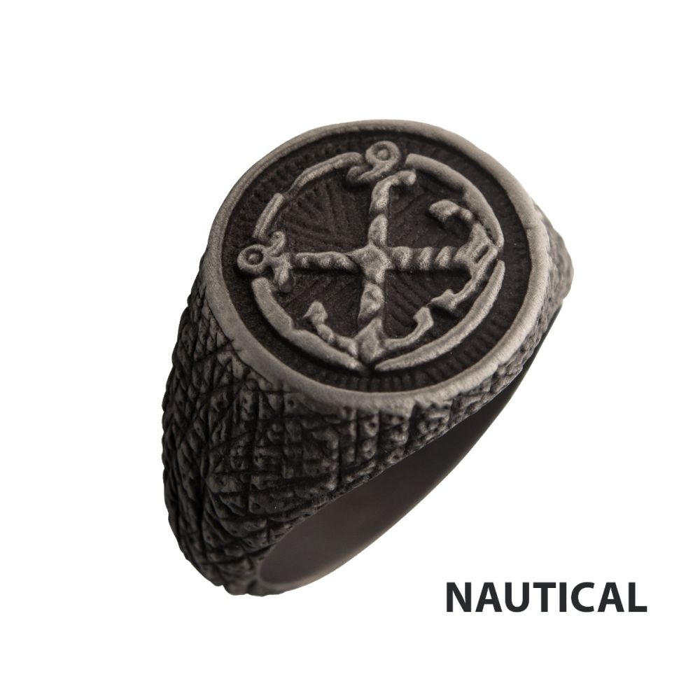 Black IP Antique Finish Steel Anchor Inlay Ring Sale