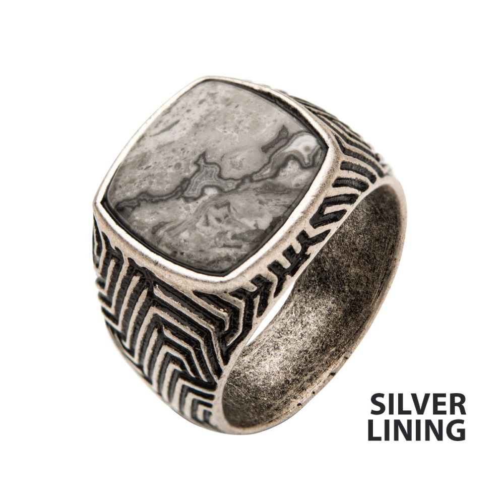 Stainless Steel Silver Plated with Gray Jasper Stone Ring