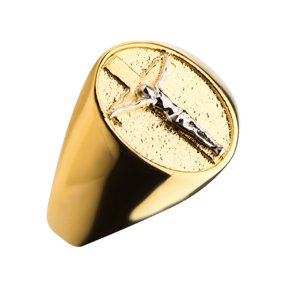 18Kt Gold IP with Silver IP Jesus Inlay Ring