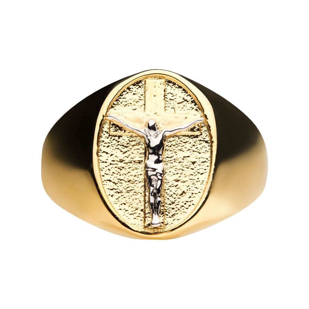 18Kt Gold IP with Silver IP Jesus Inlay Ring