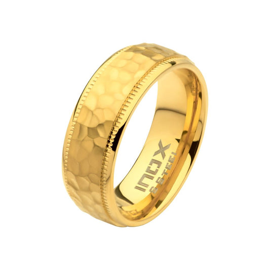 8mm 18Kt Gold IP Blacksmith Hammered Comfort Fit Ring Sale