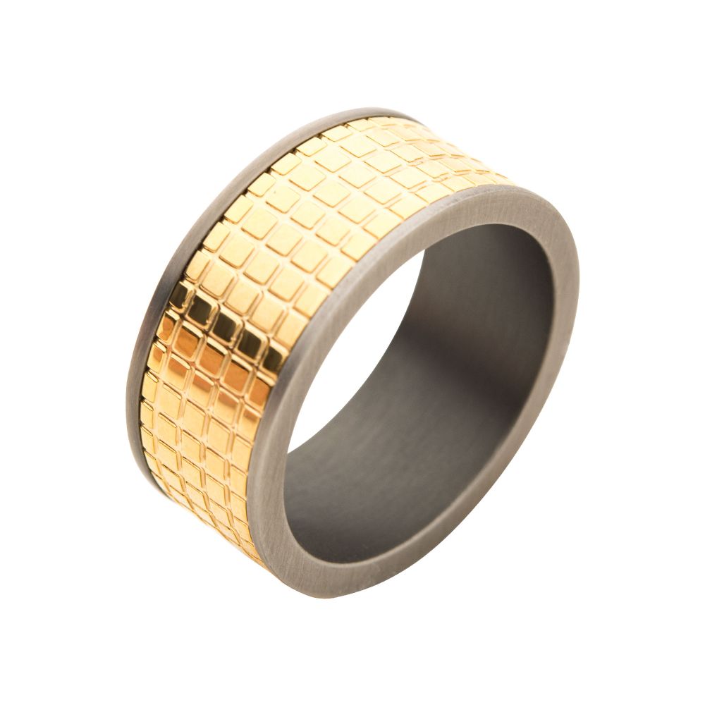 Gun Metal IP with 18Kt Gold IP Grid Inlay Ring