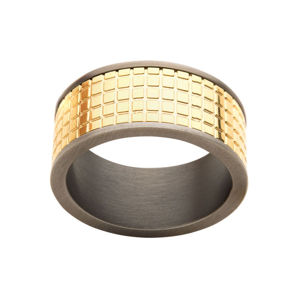 Gun Metal IP with 18Kt Gold IP Grid Inlay Ring