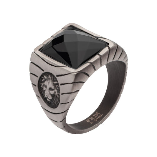 Matte Finish Gun Metal IP with African Lion Sigil & Faceted Black Agate Stone Signet Ring Sale