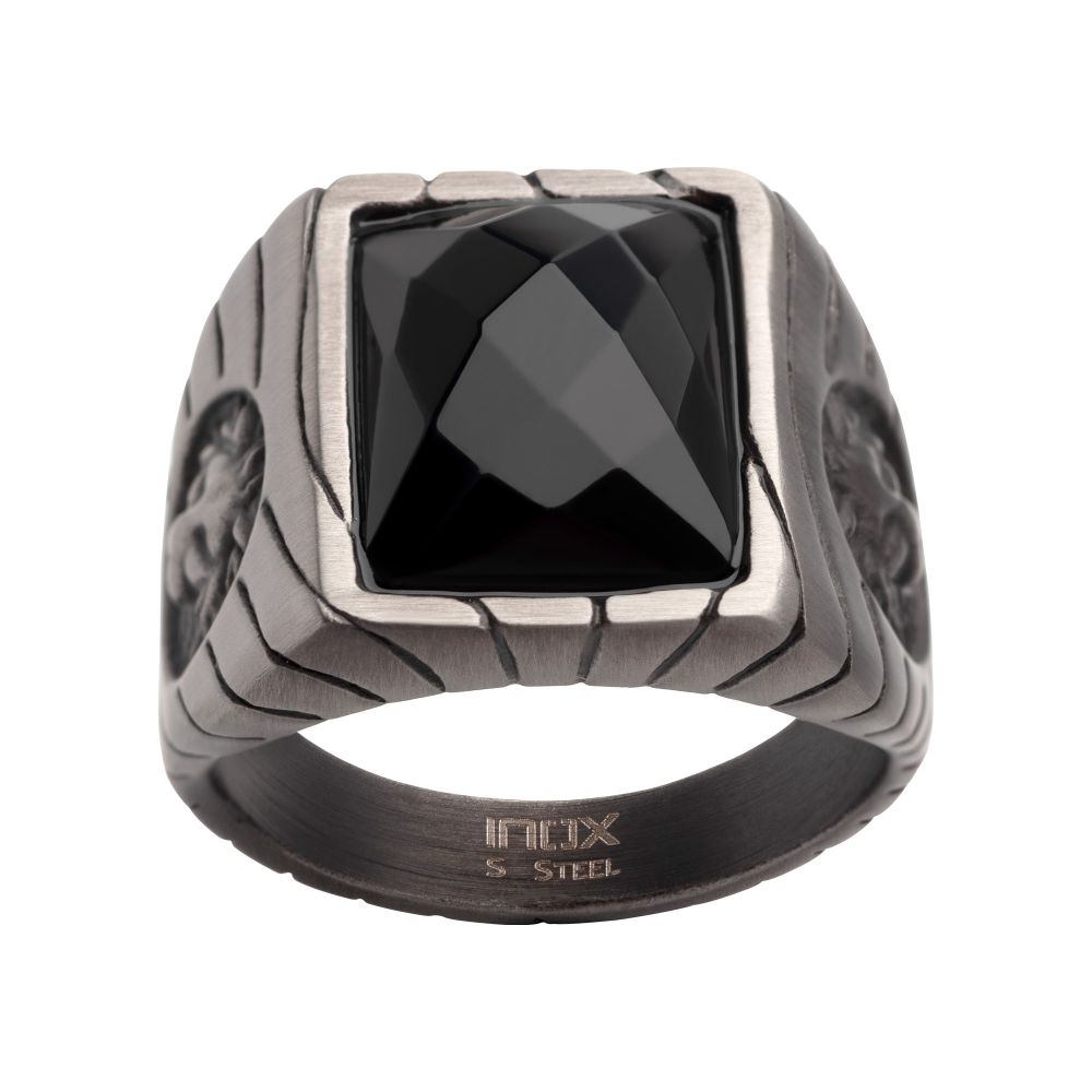 Matte Finish Gun Metal IP with African Lion Sigil & Faceted Black Agate Stone Signet Ring