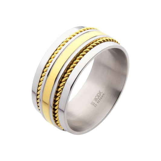 18Kt Gold IP Steel Double Rope Inlay Comfort Fit Two-Tone Ring Sale