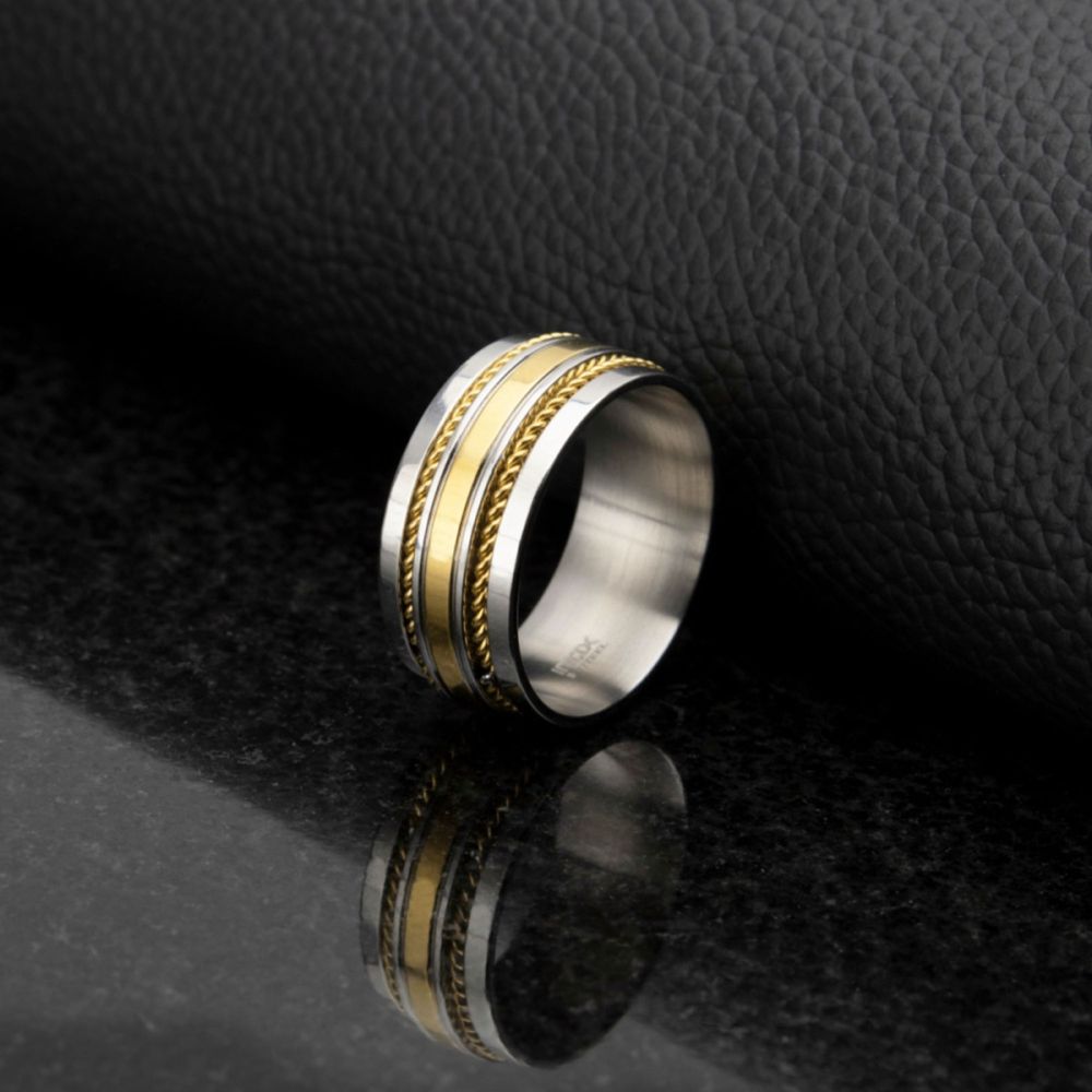 18Kt Gold IP Steel Double Rope Inlay Comfort Fit Two-Tone Ring