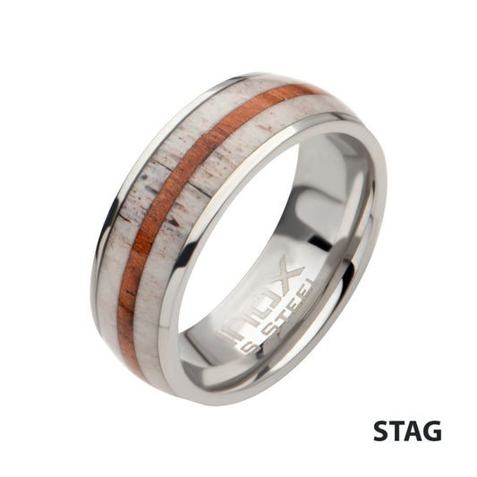 Stainless Steel Deer Antler Sapele Wood Inlay Stag Comfort Fit Ring Sale