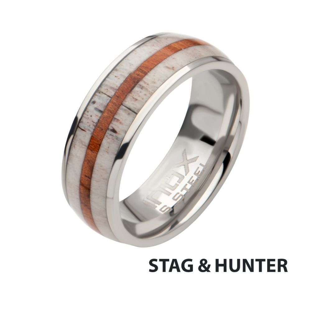 Stainless Steel Deer Antler Sapele Wood Inlay Stag Comfort Fit Ring