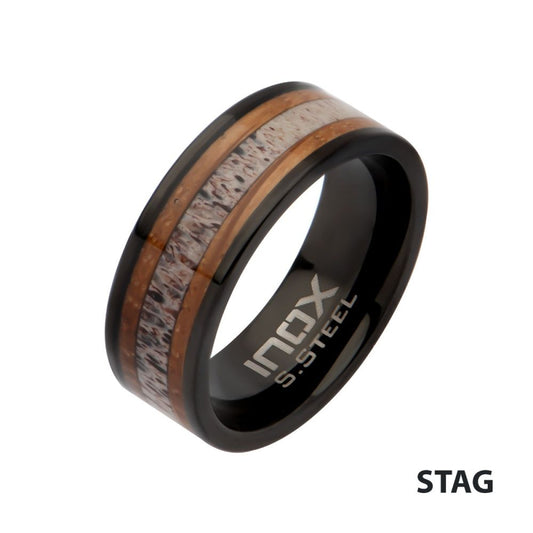 Black IP Stainless Steel Deer Antler Sapele Wood Inlay Stag Comfort Fit Ring Sale