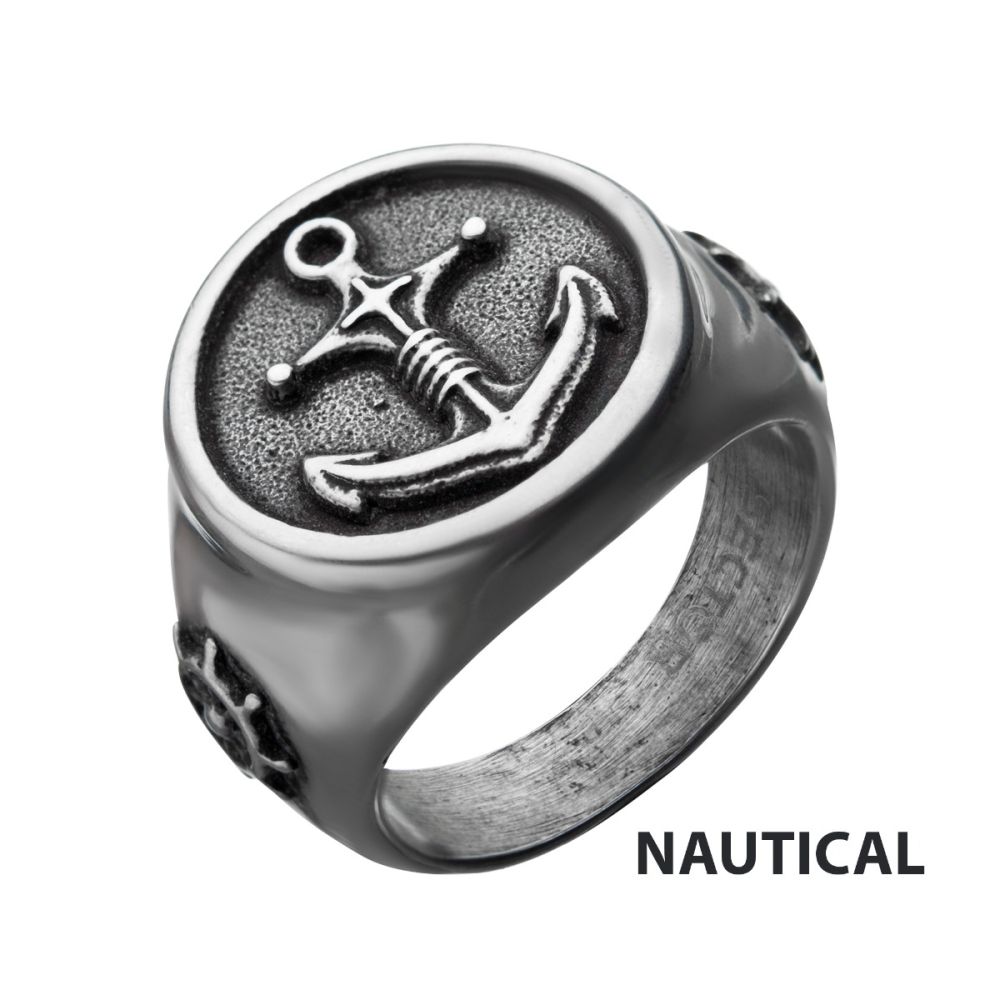 Stainless Steel Antiqued Finish with Compass & Vintage Anchor Rings Sale