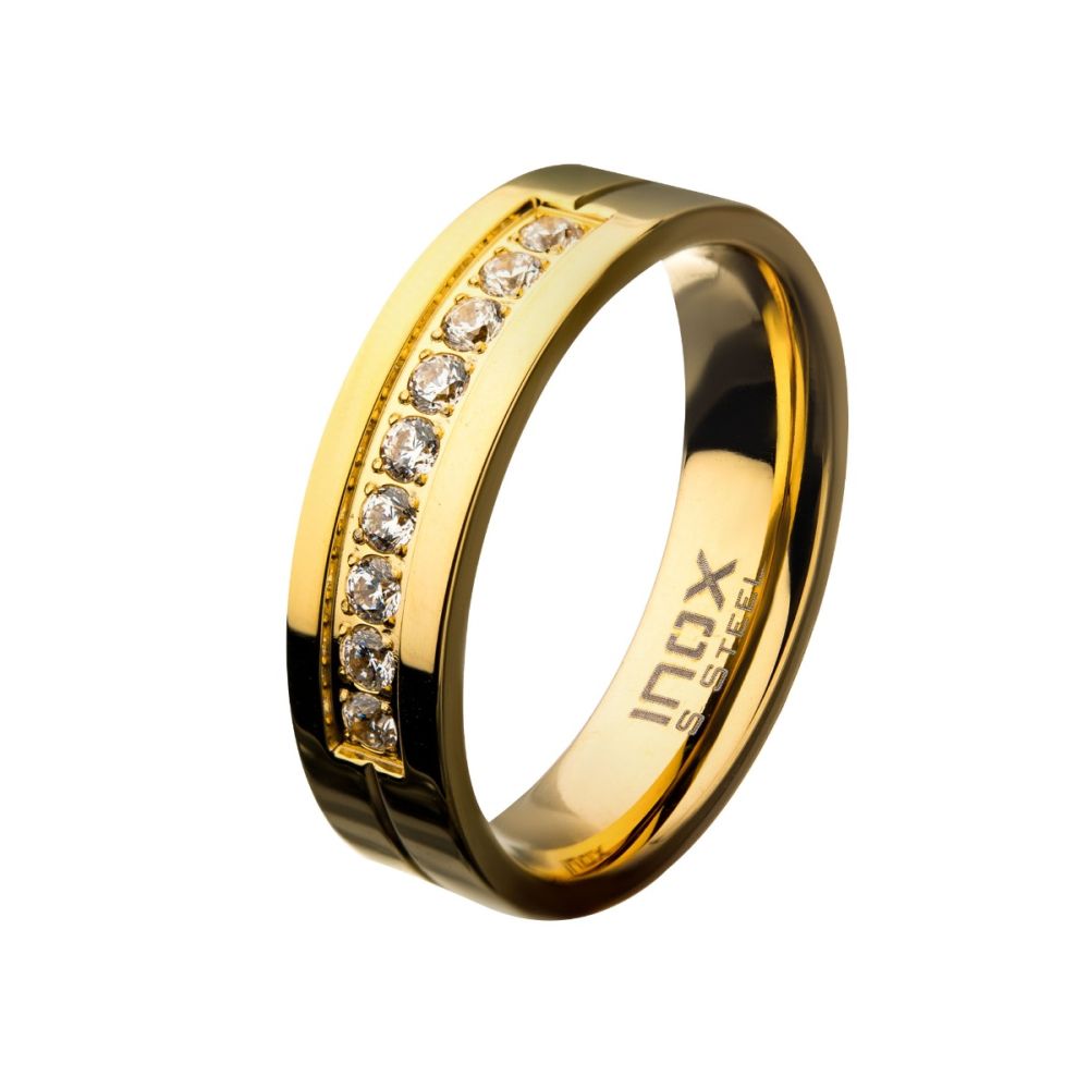 Gold PVD Plating Polished Steel Comfort-Fit Band with CZ's in Bead Channel Setting Ring Sale