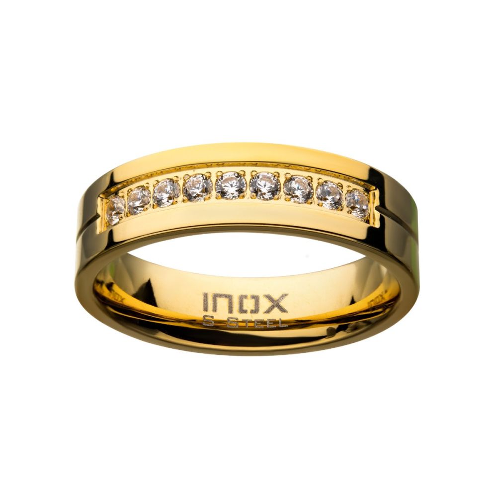 Gold PVD Plating Polished Steel Comfort-Fit Band with CZ's in Bead Channel Setting Ring Sale