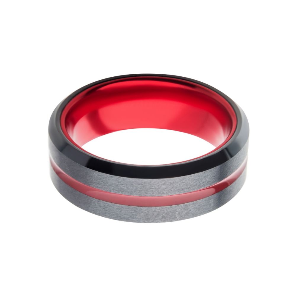 Red Aluminum Inlay Black IP Steel Beveled Comfort Fit Ring Sale