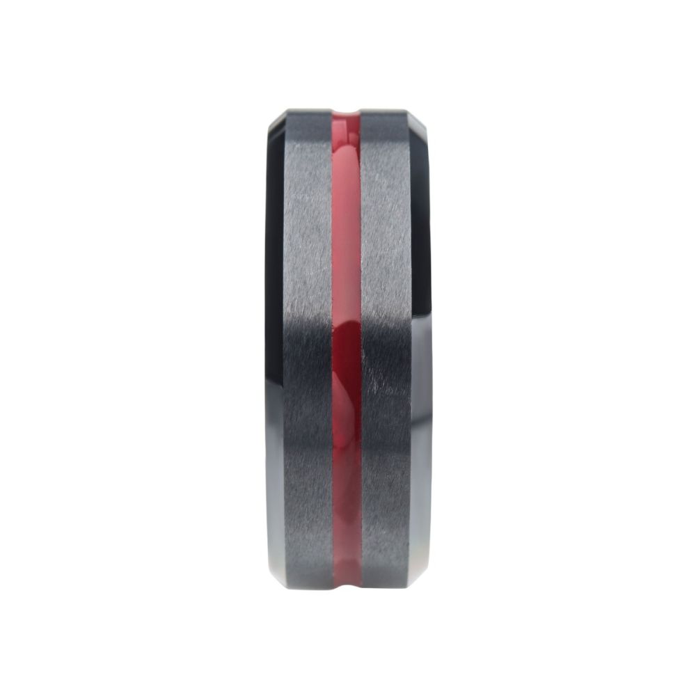 Red Aluminum Inlay Black IP Steel Beveled Comfort Fit Ring Sale