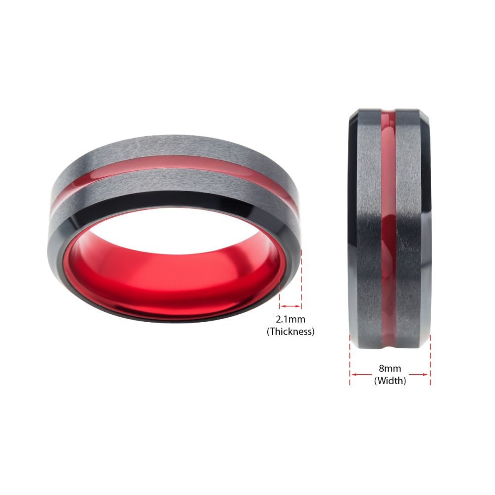 Red Aluminum Inlay Black IP Steel Beveled Comfort Fit Ring Sale