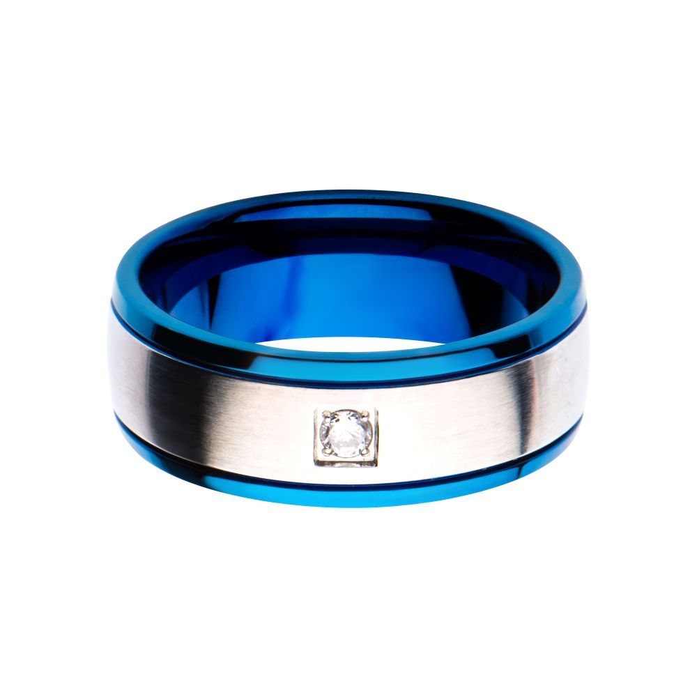 Steel & Blue IP with Clear CZ Polished Ring Sale