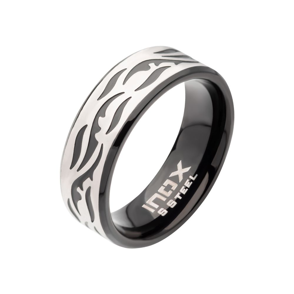 Black IP Steel with Tribal Cut Out Design Comfort Fit Ring Sale