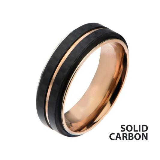 Rose Gold IP with Double Line Solid Carbon Fiber Ring Sale