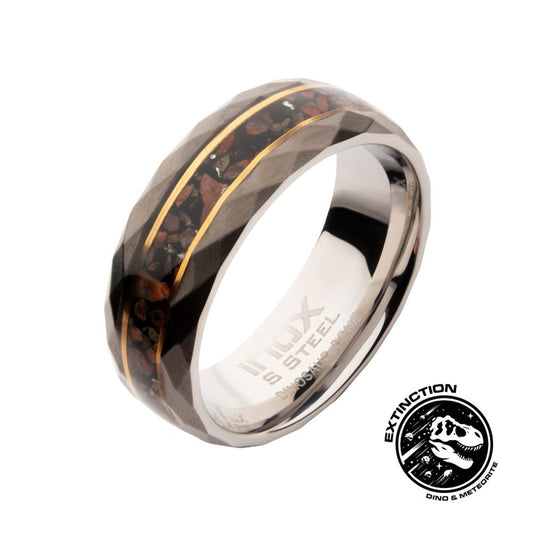 Gun Metal IP Steel Matte Finish Dinosaur Bone Inlay & Thin 18K Gold IP Lines Comfort Fit Ring Sale