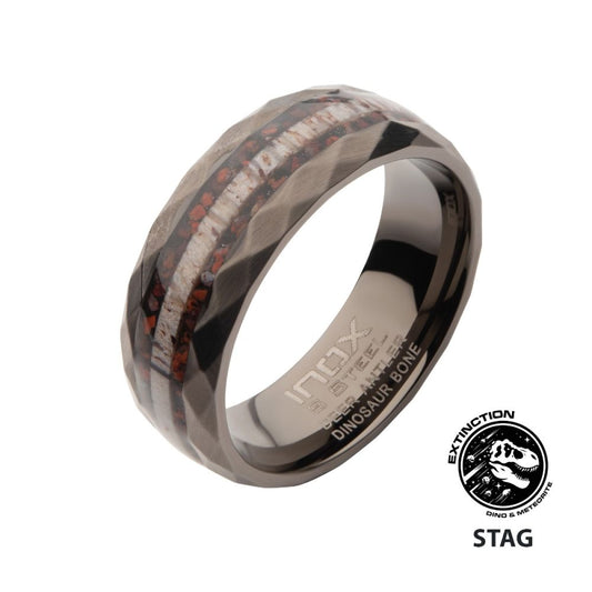 Gun Metal IP Steel Matte Finish Dinosaur Bone & Deer Antler Inlay Comfort Fit Ring Sale