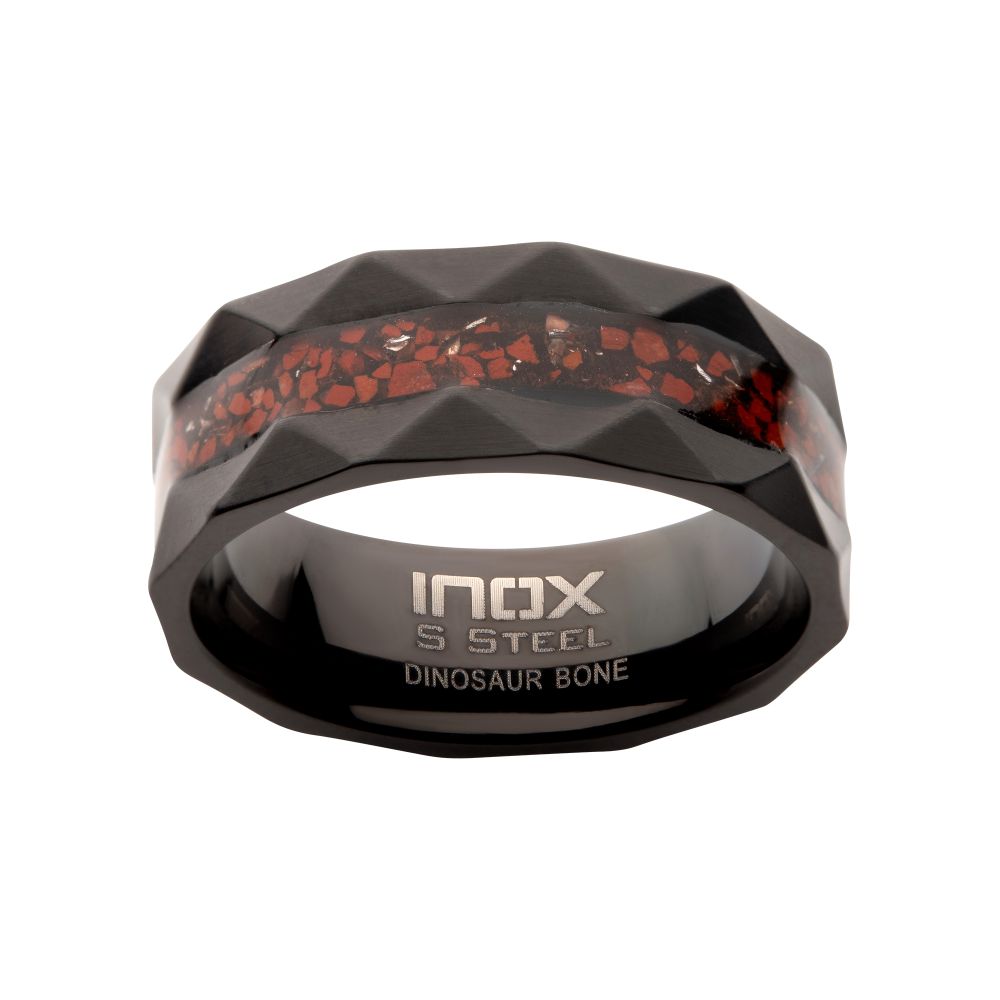 Black IP Steel Red Dinosaur Bone Inlay Comfort Fit Ring Sale