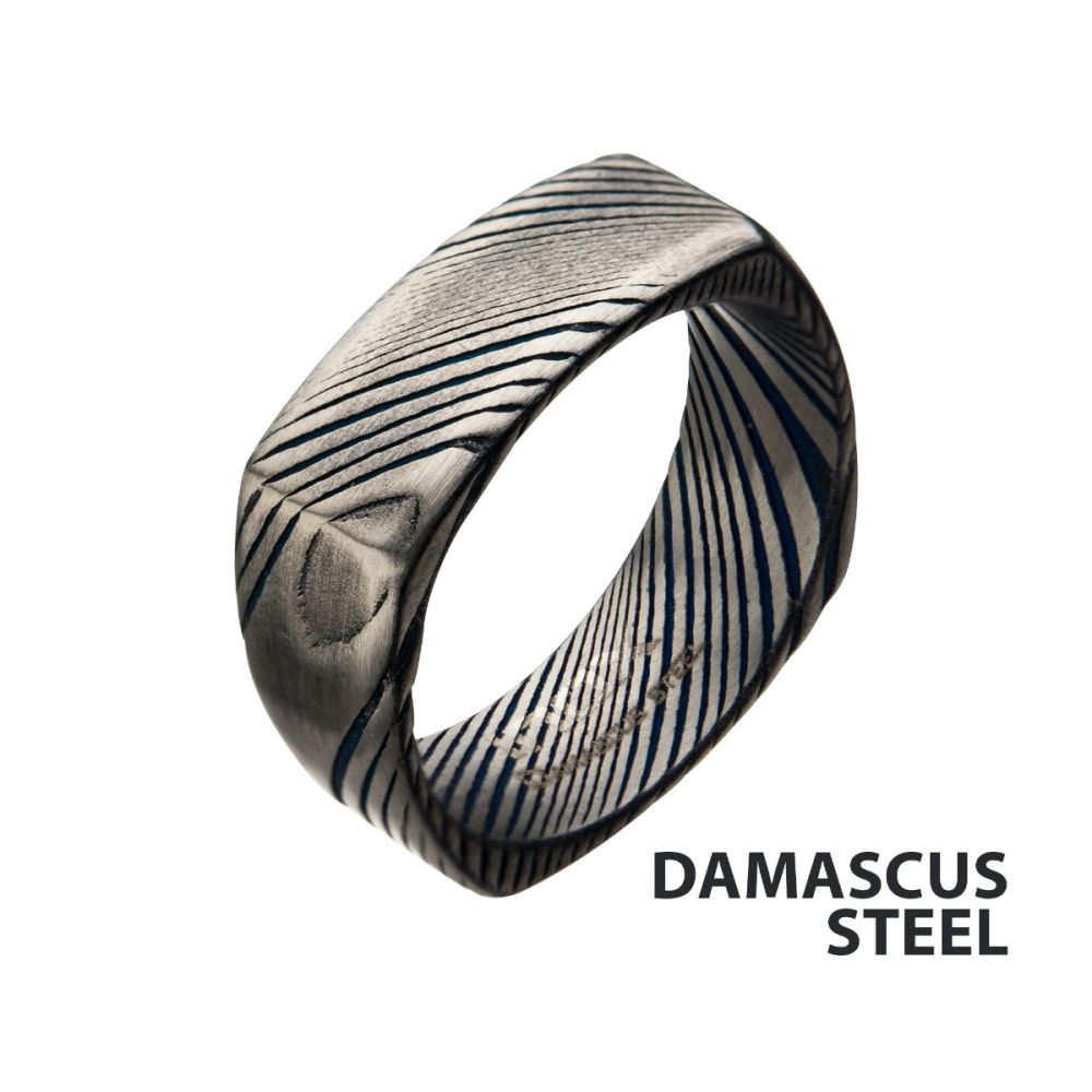 Damascus 8mm Matte Blue IP Square Ring Sale