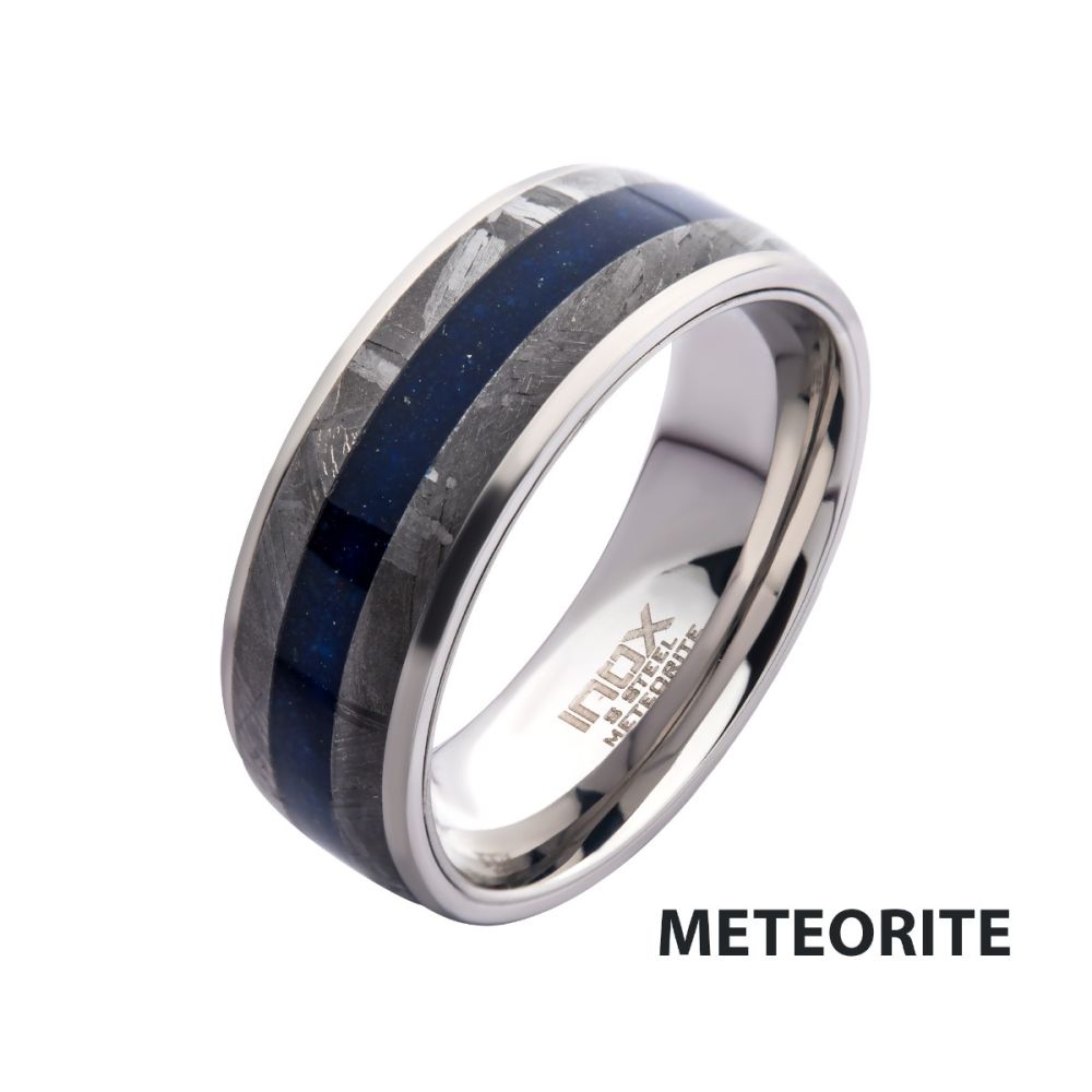 Lapis Lazuli & Meteorite Inlay Steel Ring