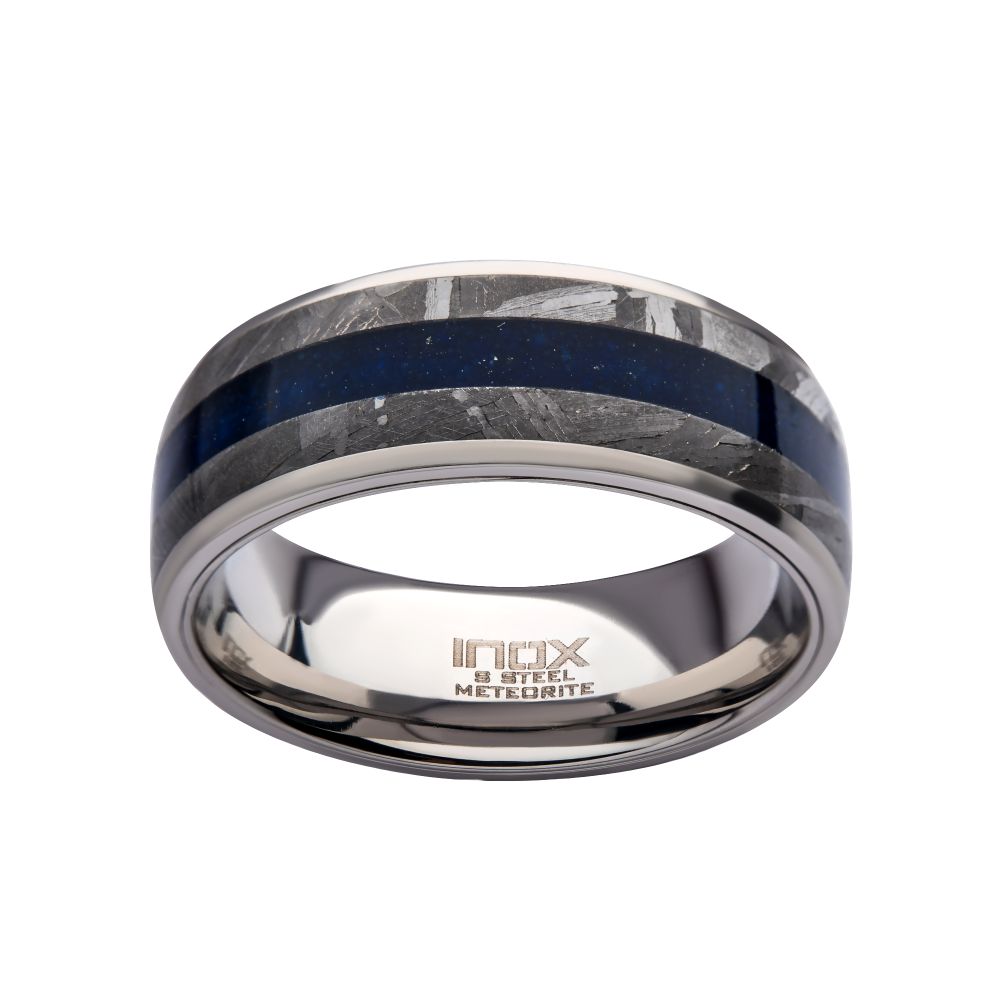 Lapis Lazuli & Meteorite Inlay Steel Ring