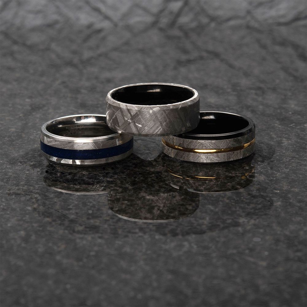 Lapis Lazuli & Meteorite Inlay Steel Ring